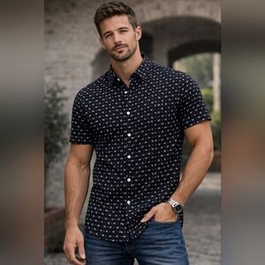 DKNY Black Button down Short Sleeve Large DKNY print